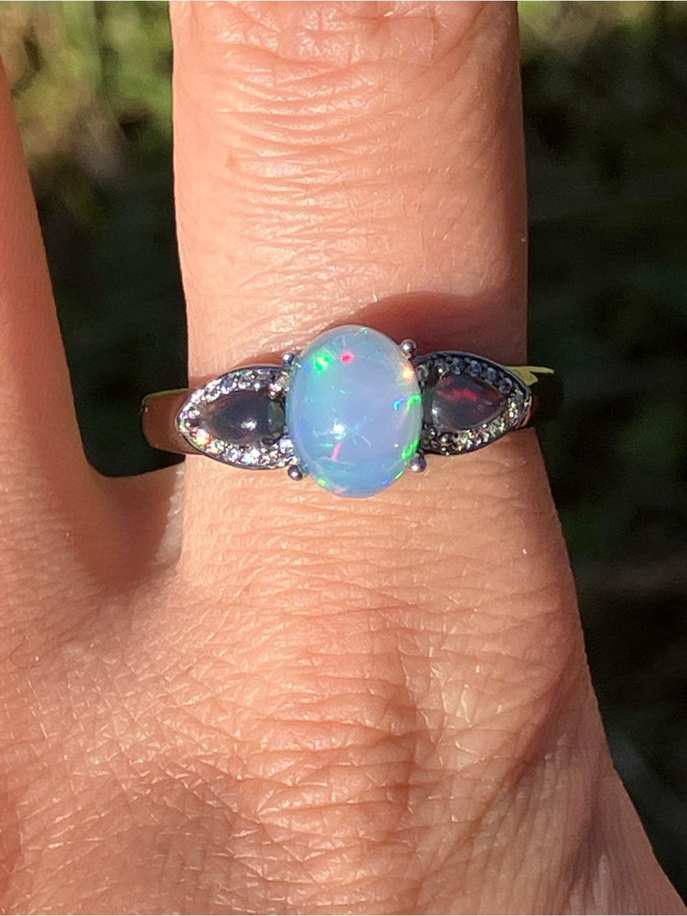 Natural Ethiopian White Opal Black Opal Sterling Silver Ring Size 10